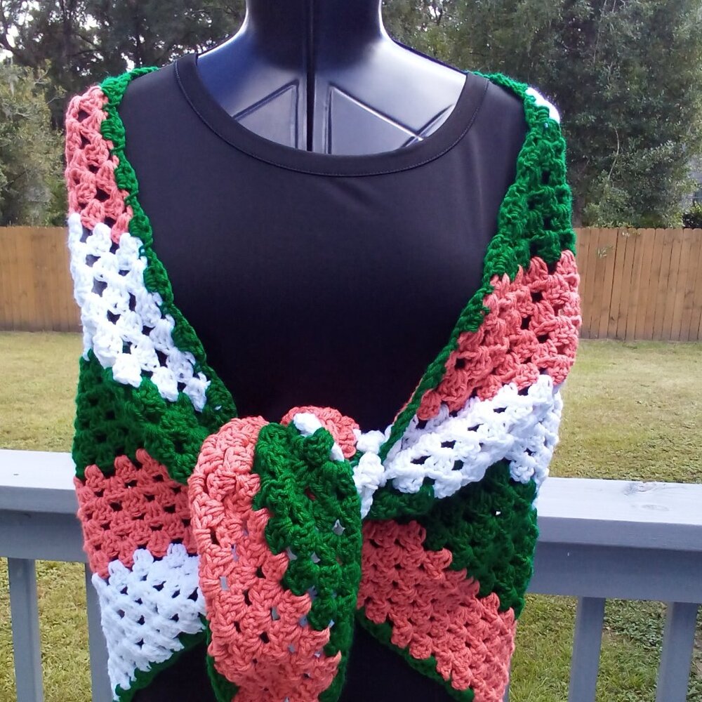 Hand Crafted Parquet Shawl, one-side, color Orange, Green and White.